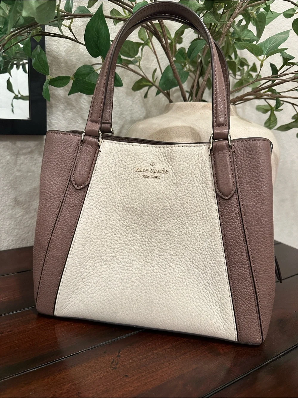 kate spade Two-Tone Pebbled Leather Satchel in Cream and Mauve Brown